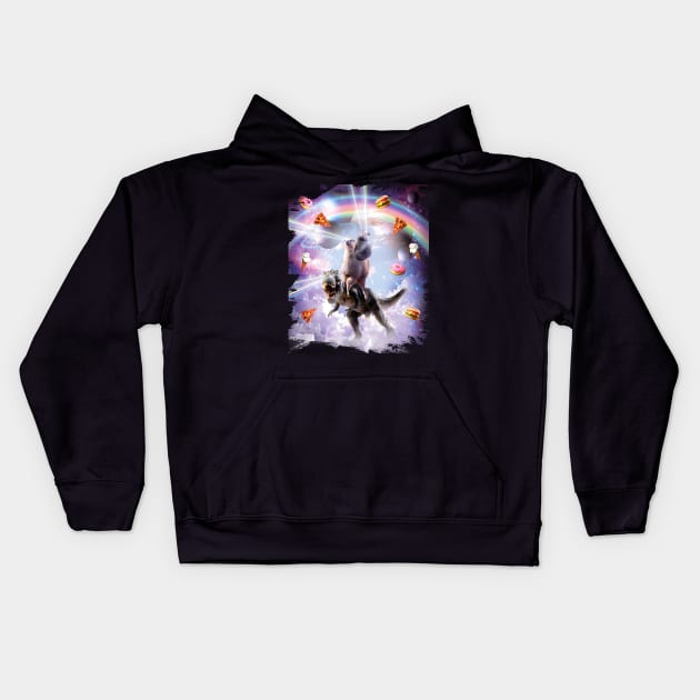 Laser Eyes Space Cat On Llama Dinosaur - Rainbow Kids Hoodie by Random Galaxy